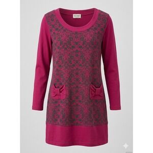 KEAWA Cotton Pink Black Damask Floral Print Long Sleeve Pocket Mini Dress S